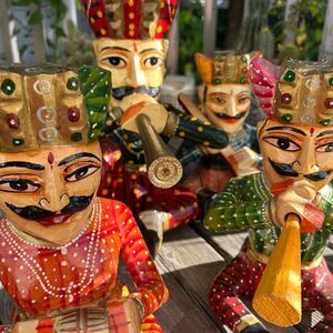 Vintage Set 4- Indian Handicraft Wooden Rajasthan Musicians Folk Art Statues